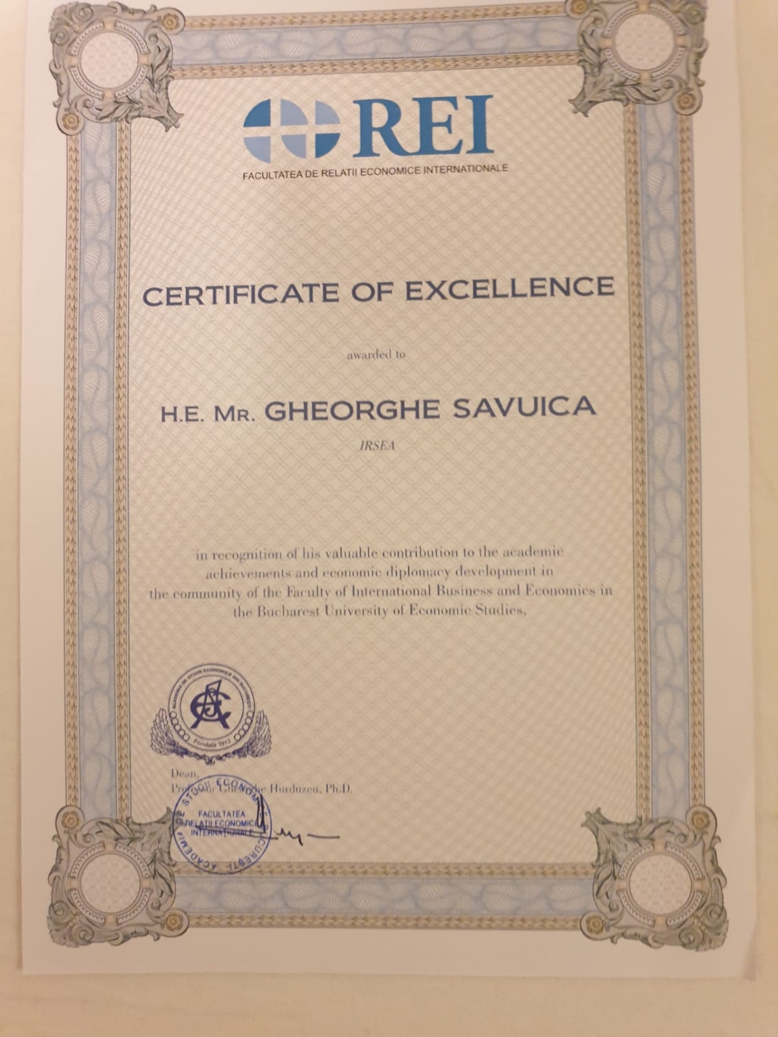 Ambassador (p) Gheorghe Săvuică, Founder and President of IRSEA, Awarded Academic Distinction by the Bucharest University of Economic Studies (ASE)