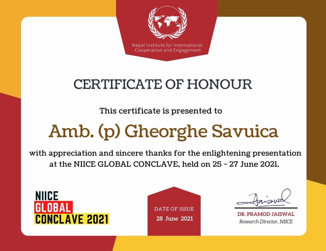 Ambassador (p) Gheorghe Savuica Awarded Distinction of Honour by the Nepal Institute for Cooperation and Engagement